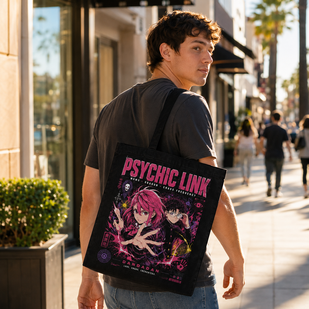 Black tote bag with Momo Ayase & Ken Takakura Dandadan Psychic Link graphic – photo 4
