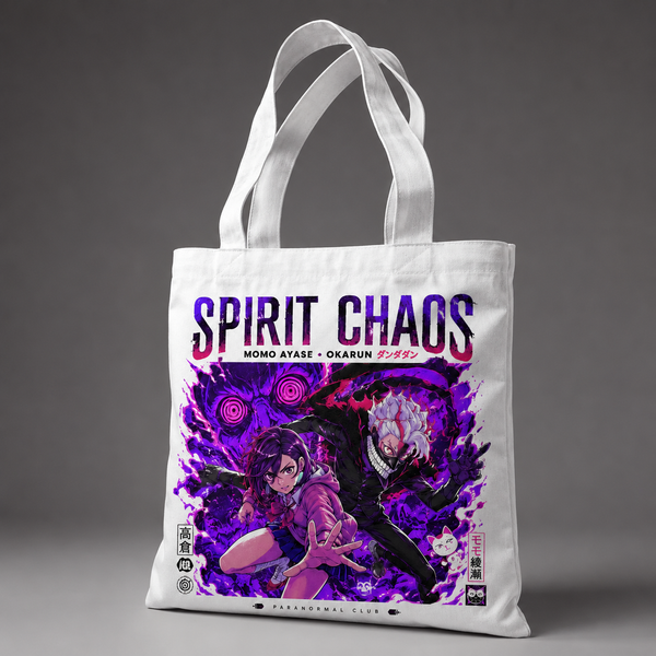 White tote bag with Momo Ayase & Ken Takakura Dandadan Spirit Chaos graphic – photo 2