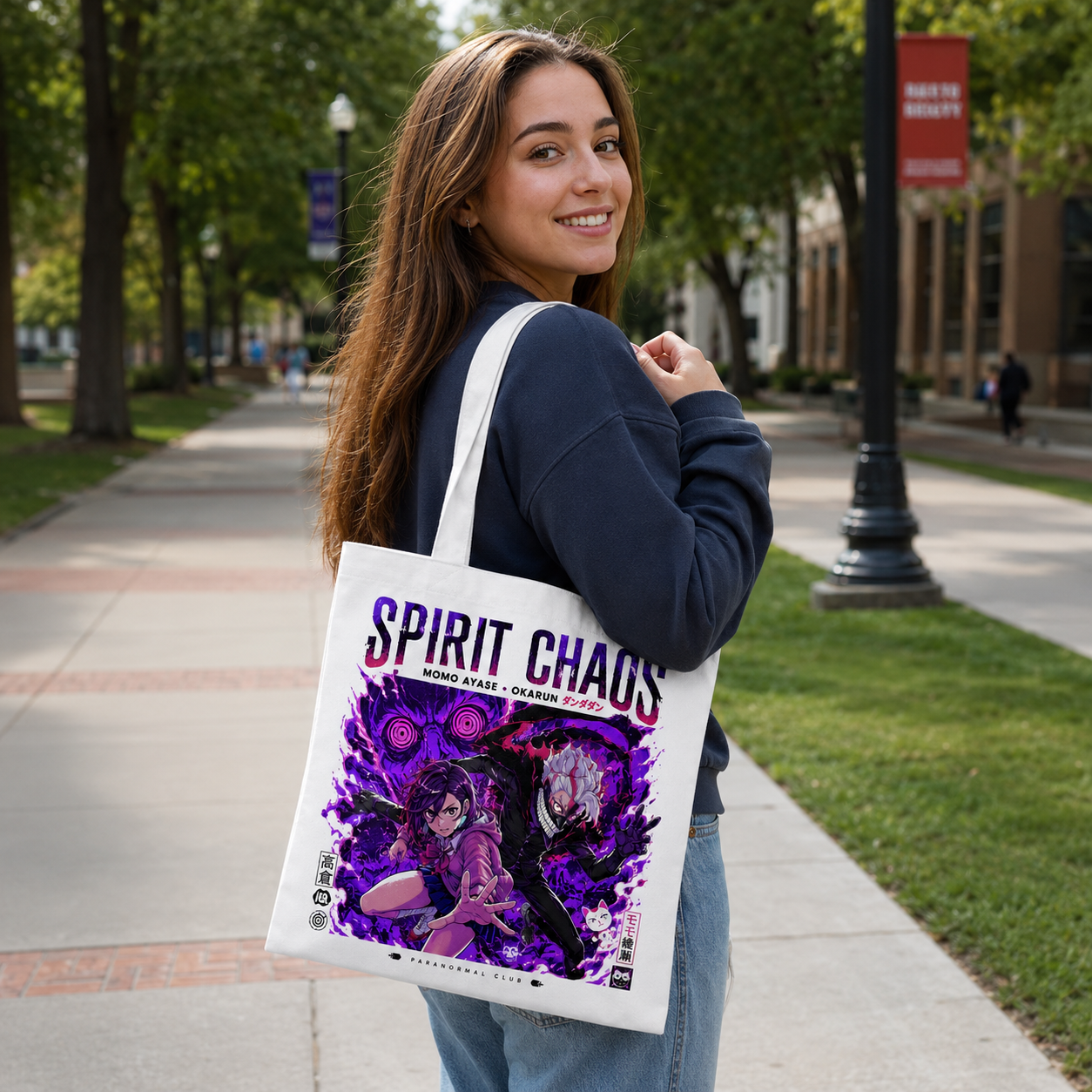 White tote bag with Momo Ayase & Ken Takakura Dandadan Spirit Chaos graphic – photo 3