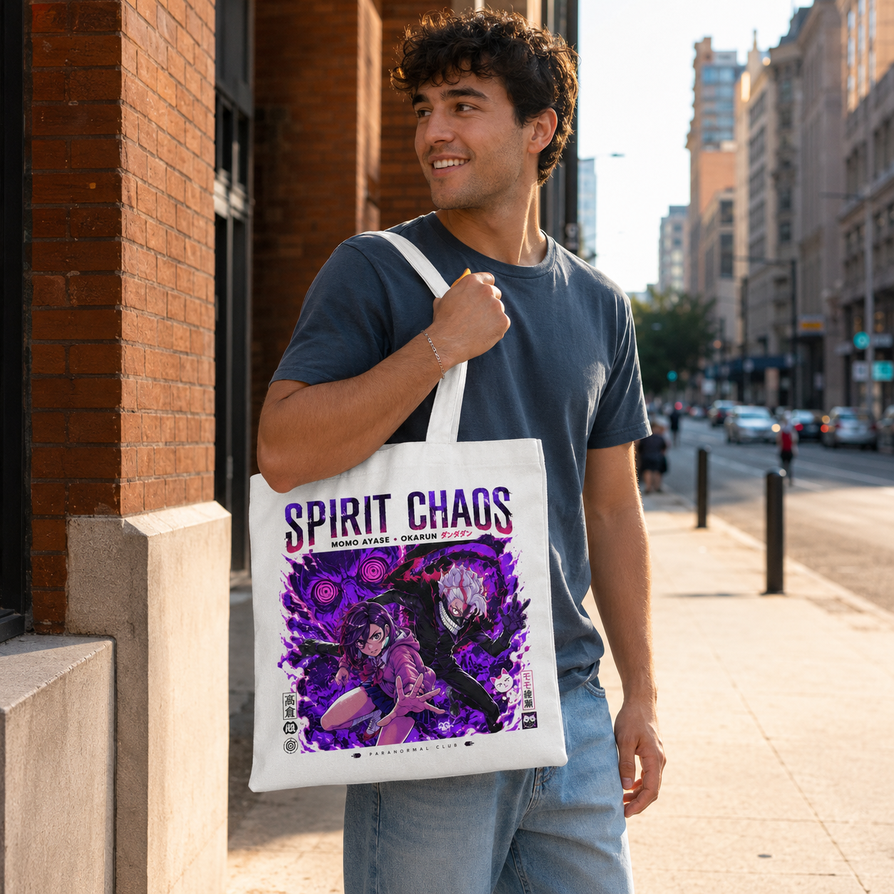 White tote bag with Momo Ayase & Ken Takakura Dandadan Spirit Chaos graphic – photo 4