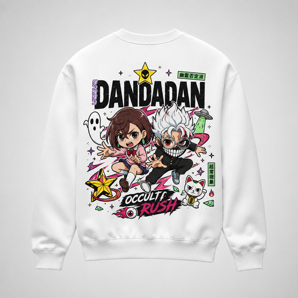 White sweatshirt with Momo Ayase & Okarun Dandadan Occult Rush graphic – photo 1