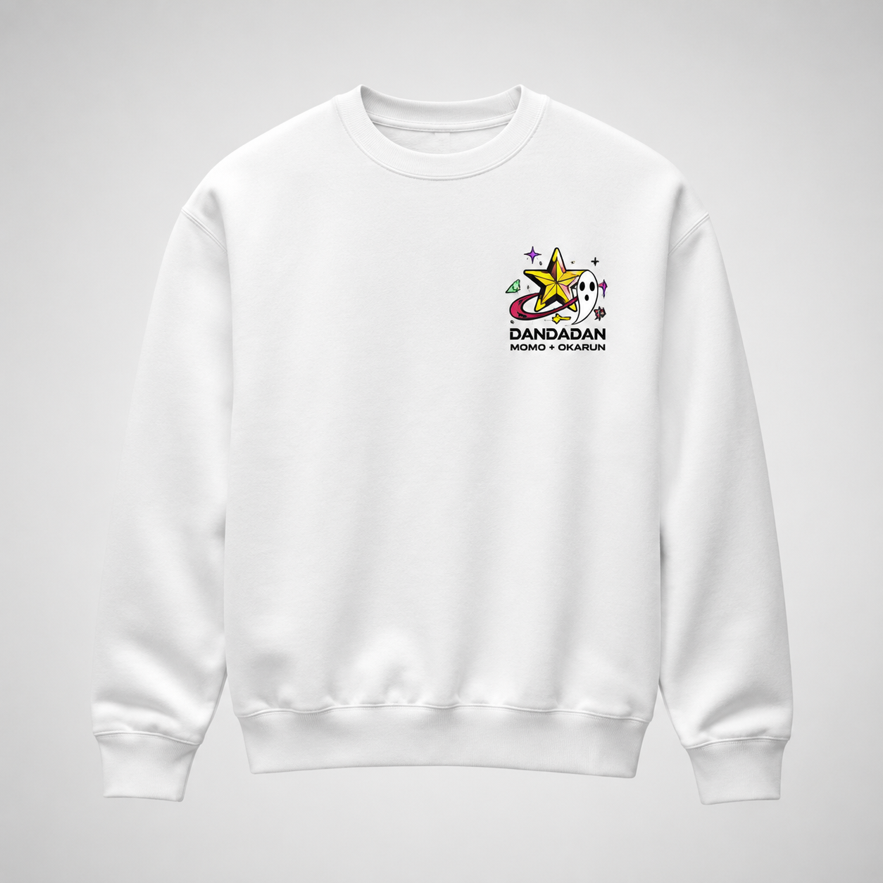 White sweatshirt with Momo Ayase & Okarun Dandadan Occult Rush graphic – photo 2