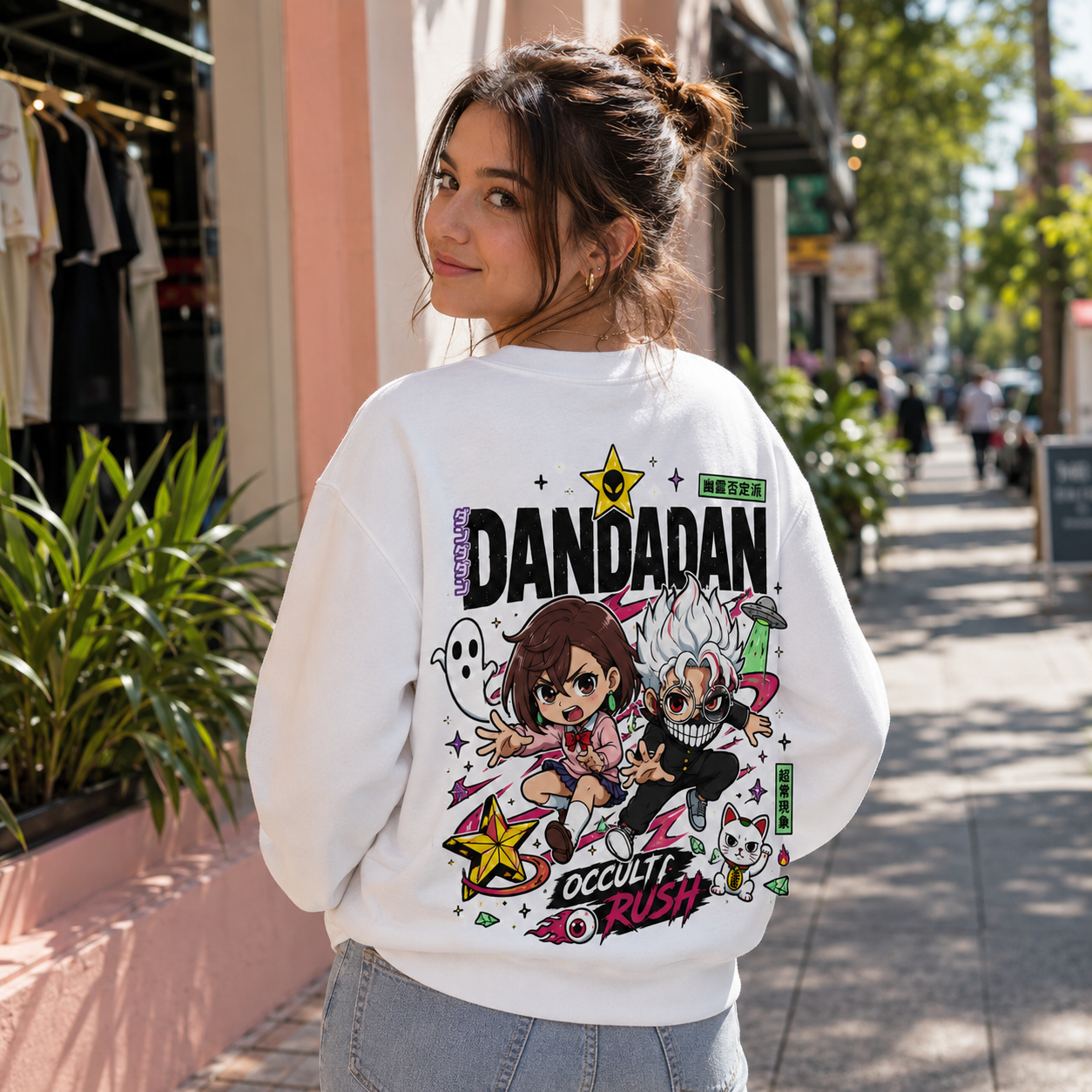 White sweatshirt with Momo Ayase & Okarun Dandadan Occult Rush graphic – photo 3