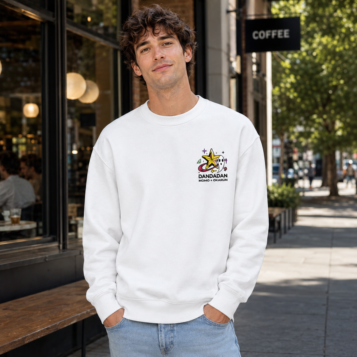 White sweatshirt with Momo Ayase & Okarun Dandadan Occult Rush graphic – photo 4
