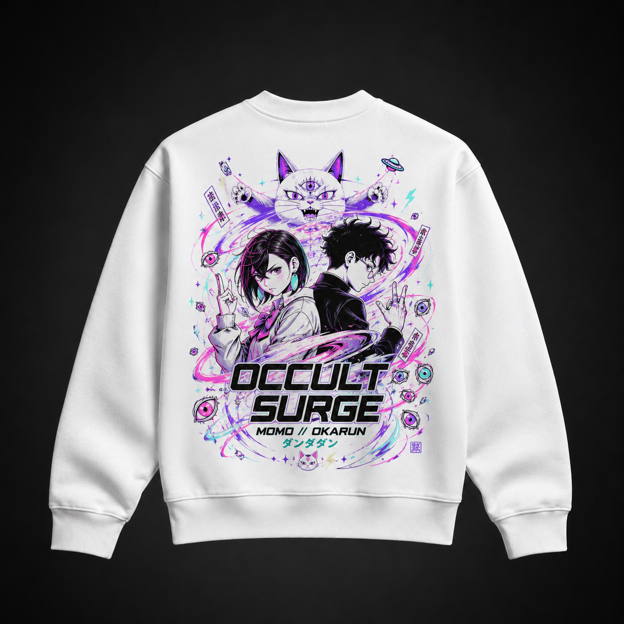 White sweatshirt with Momo Ayase & Okarun Dandadan Occult Surge graphic – photo 1