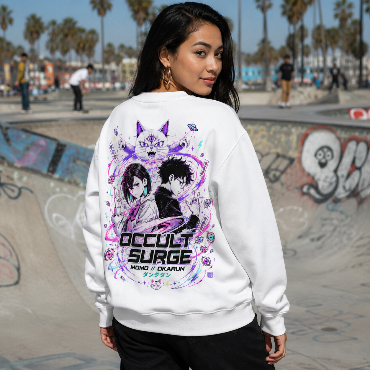 White sweatshirt with Momo Ayase & Okarun Dandadan Occult Surge graphic – photo 3