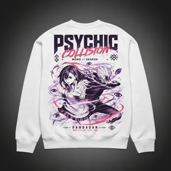 White sweatshirt with Momo Ayase & Okarun Dandadan Psychic Collision graphic – photo 1