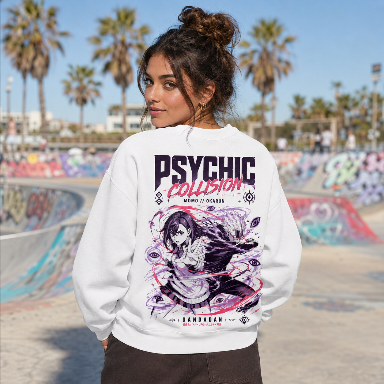 White sweatshirt with Momo Ayase & Okarun Dandadan Psychic Collision graphic – photo 3