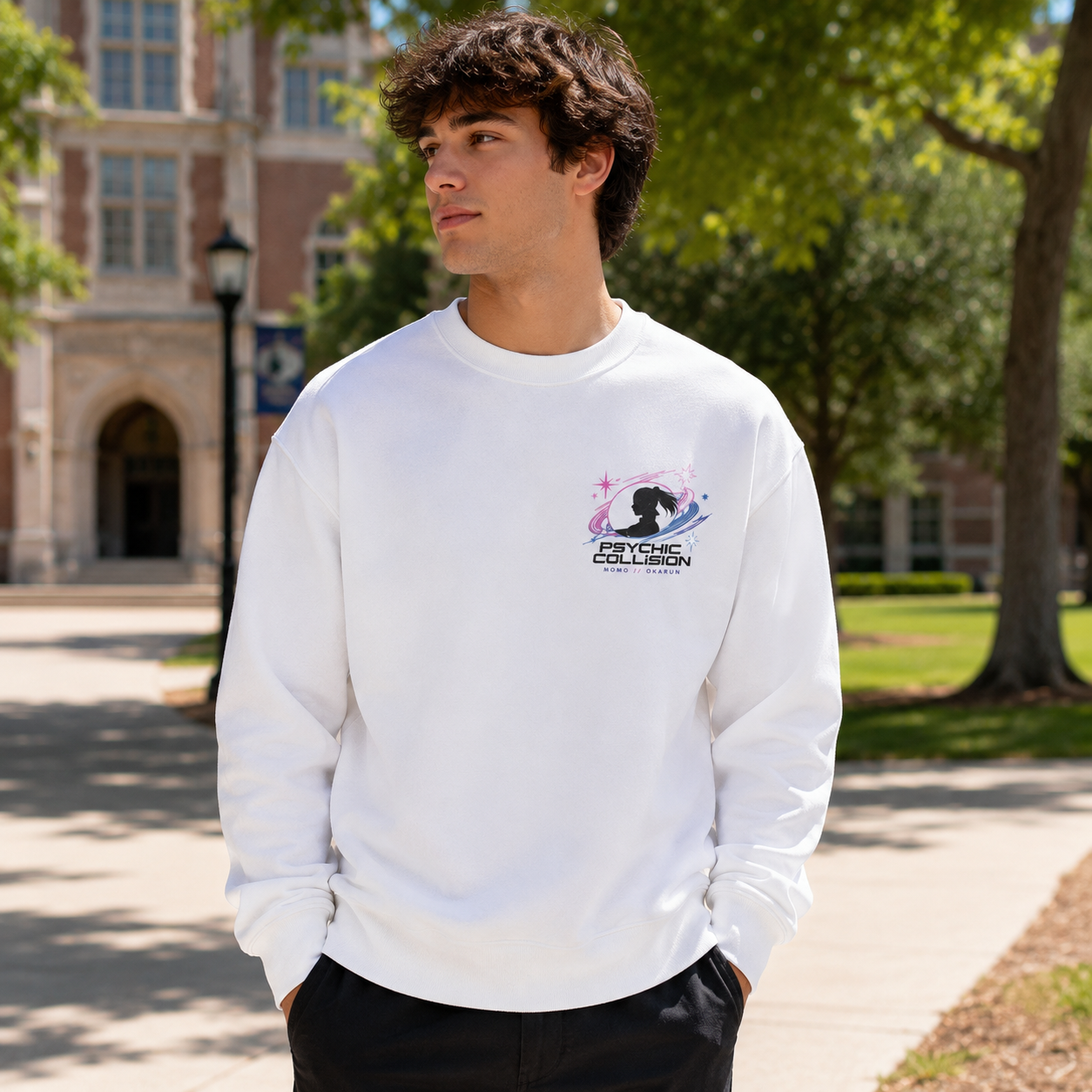 White sweatshirt with Momo Ayase & Okarun Dandadan Psychic Collision graphic – photo 4