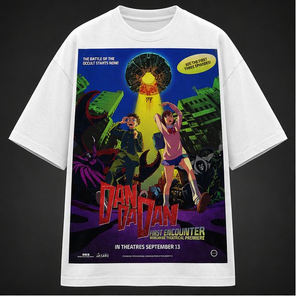 White t-shirt with Momo Ayase & Okarun Dandadan Retro UFO Encounter graphic – photo 2