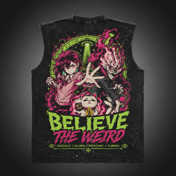 Washed black tank top with Momo Ayase & Turbo Granny Dandadan Believe The Weird graphic – photo 1