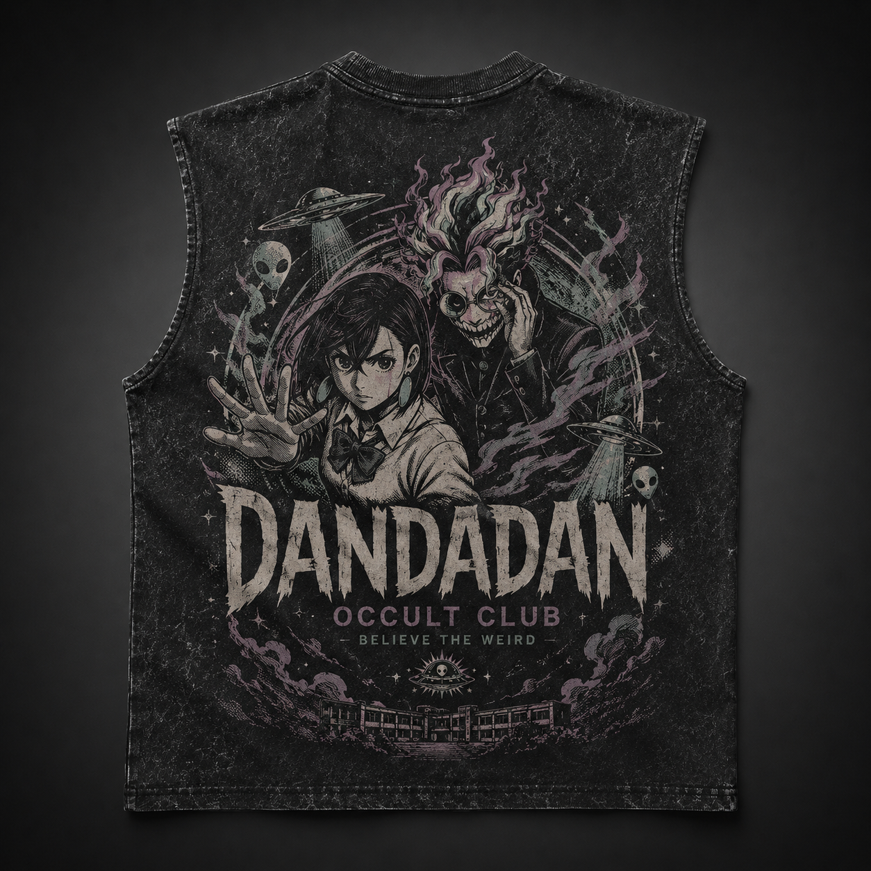 Washed black tank top with Momo Ayase & Turbo Granny Dandadan Occult Club graphic – photo 1