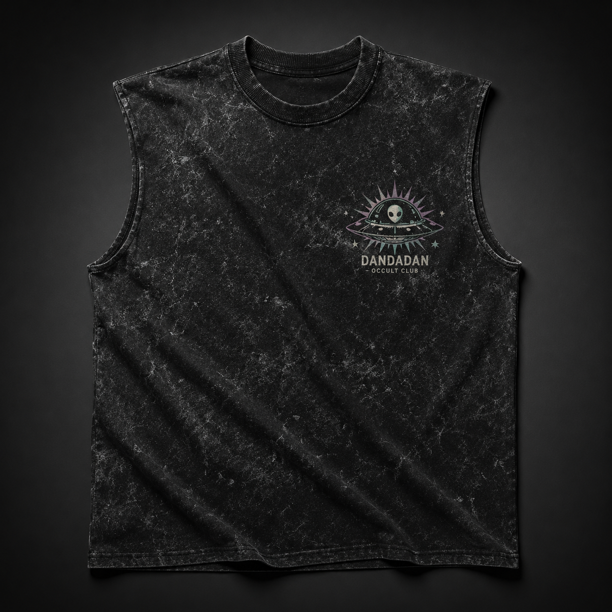 Washed black tank top with Momo Ayase & Turbo Granny Dandadan Occult Club graphic – photo 2