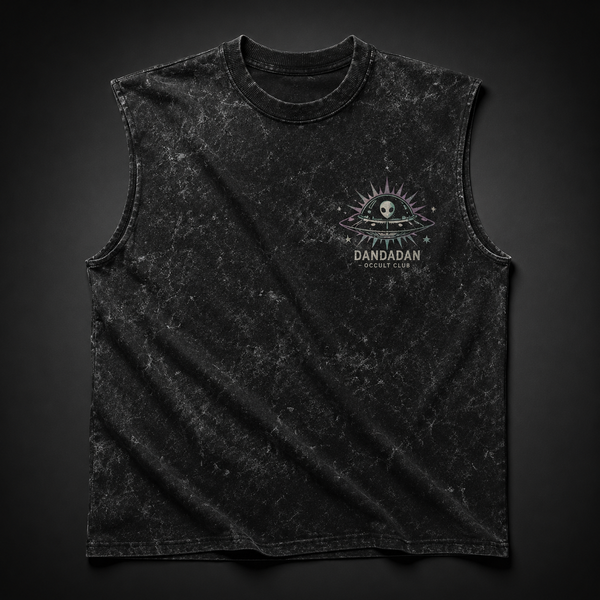 Washed black tank top with Momo Ayase & Turbo Granny Dandadan Occult Club graphic – photo 2