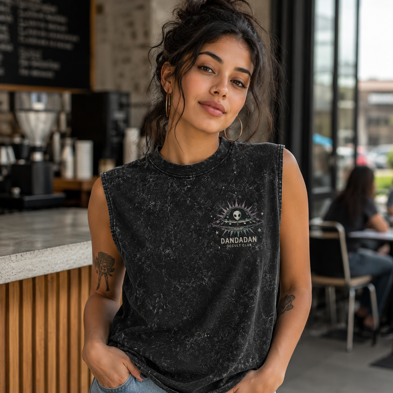 Washed black tank top with Momo Ayase & Turbo Granny Dandadan Occult Club graphic – photo 4