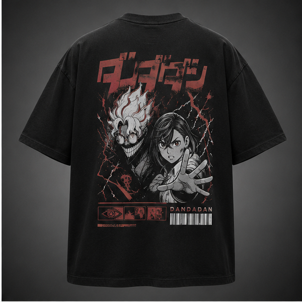 Washed black t-shirt with Momo Ayase & Turbo Granny Dandadan Occult Lightning Duo graphic – photo 1