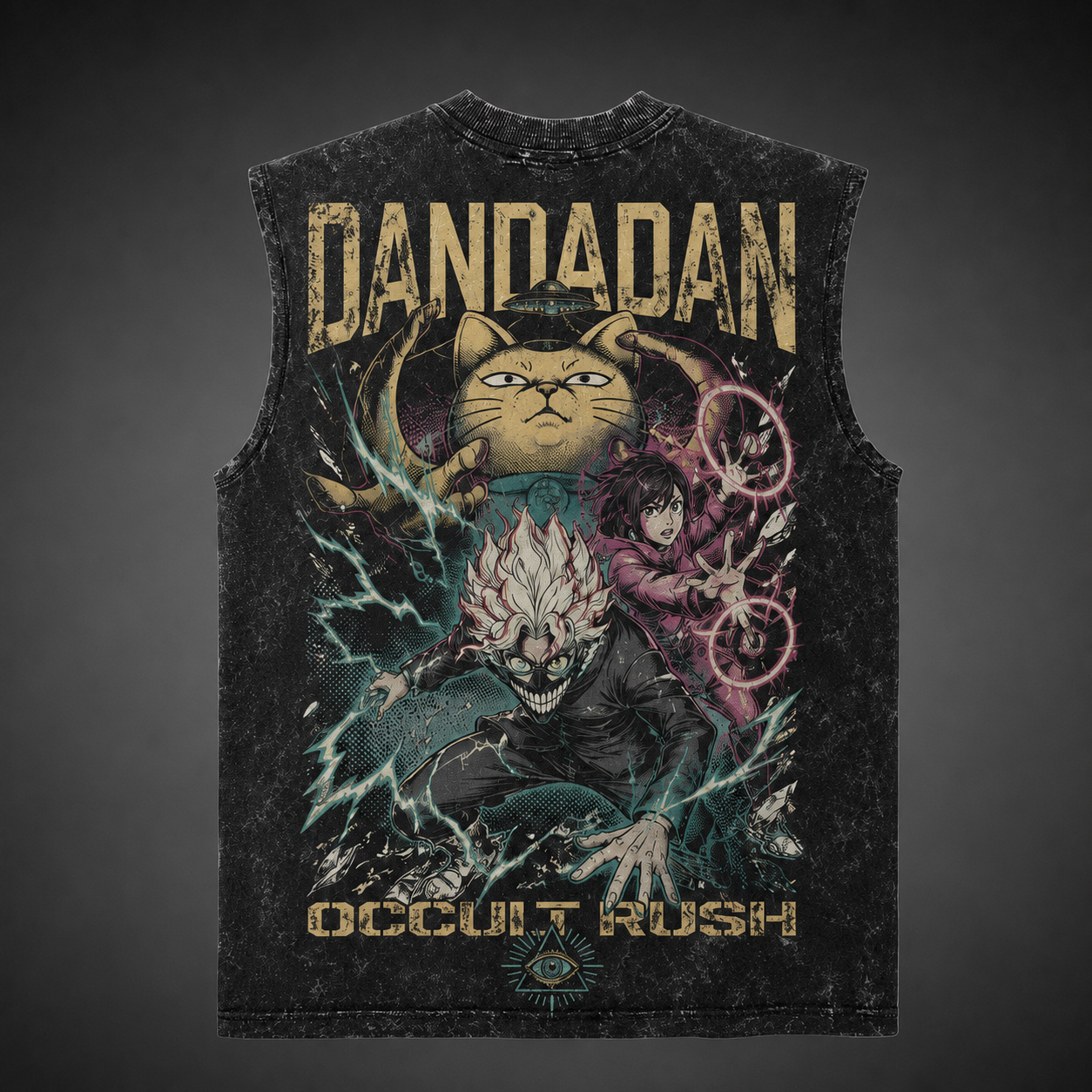 Washed black tank top with Momo Ayase & Turbo Granny Dandadan Occult Rush graphic – photo 1