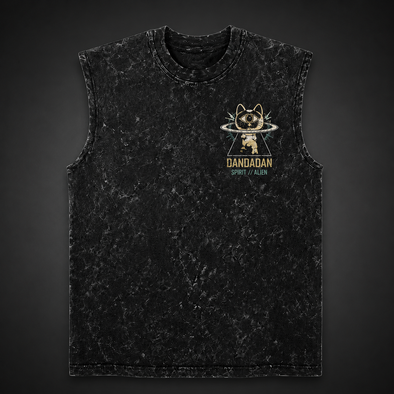 Washed black tank top with Momo Ayase & Turbo Granny Dandadan Occult Rush graphic – photo 2