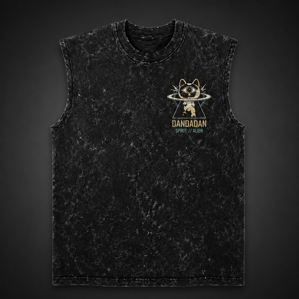 Washed black tank top with Momo Ayase & Turbo Granny Dandadan Occult Rush graphic – photo 2