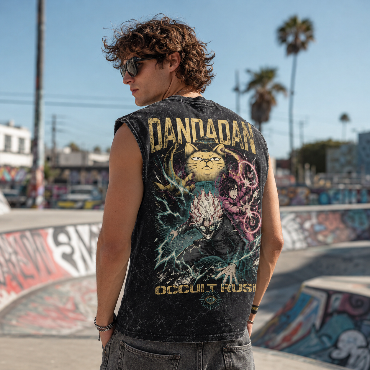Washed black tank top with Momo Ayase & Turbo Granny Dandadan Occult Rush graphic – photo 3