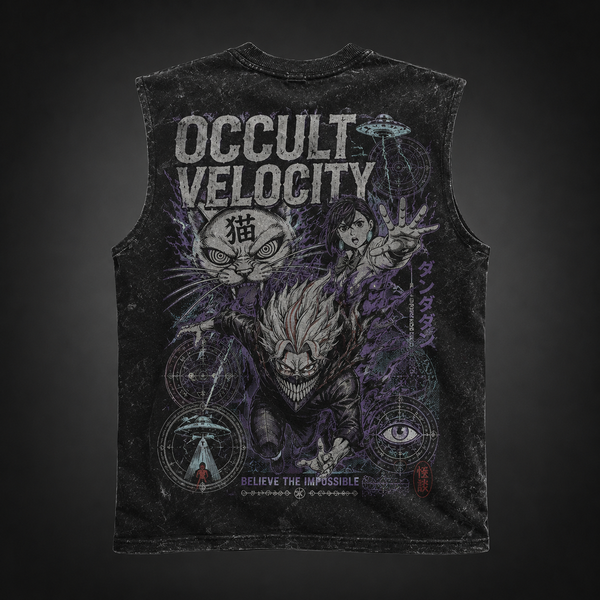 Washed black tank top with Momo Ayase & Turbo Granny Dandadan Occult Velocity graphic – photo 1