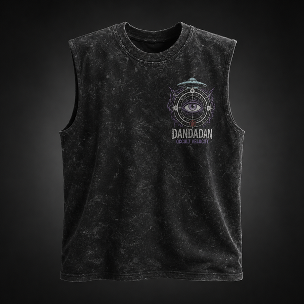 Washed black tank top with Momo Ayase & Turbo Granny Dandadan Occult Velocity graphic – photo 2
