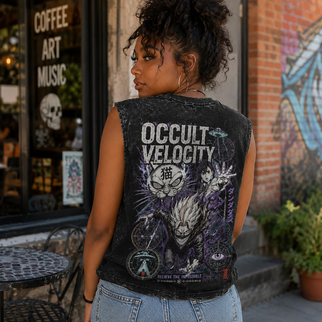 Washed black tank top with Momo Ayase & Turbo Granny Dandadan Occult Velocity graphic – photo 3