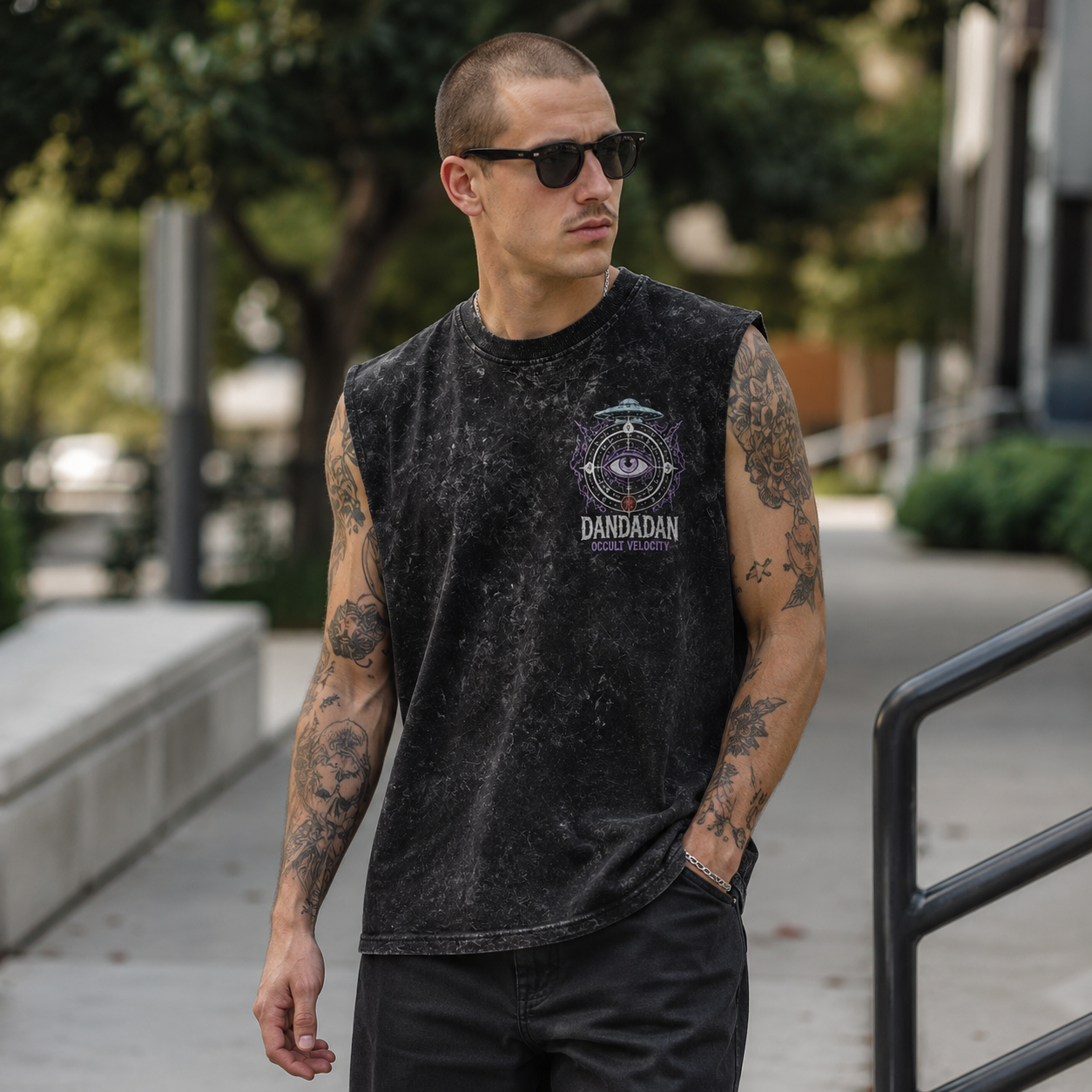 Washed black tank top with Momo Ayase & Turbo Granny Dandadan Occult Velocity graphic – photo 4