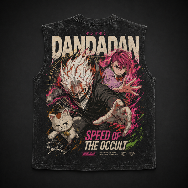 Washed black tank top with Momo Ayase & Turbo Granny Dandadan Speed Of The Occult graphic – photo 1
