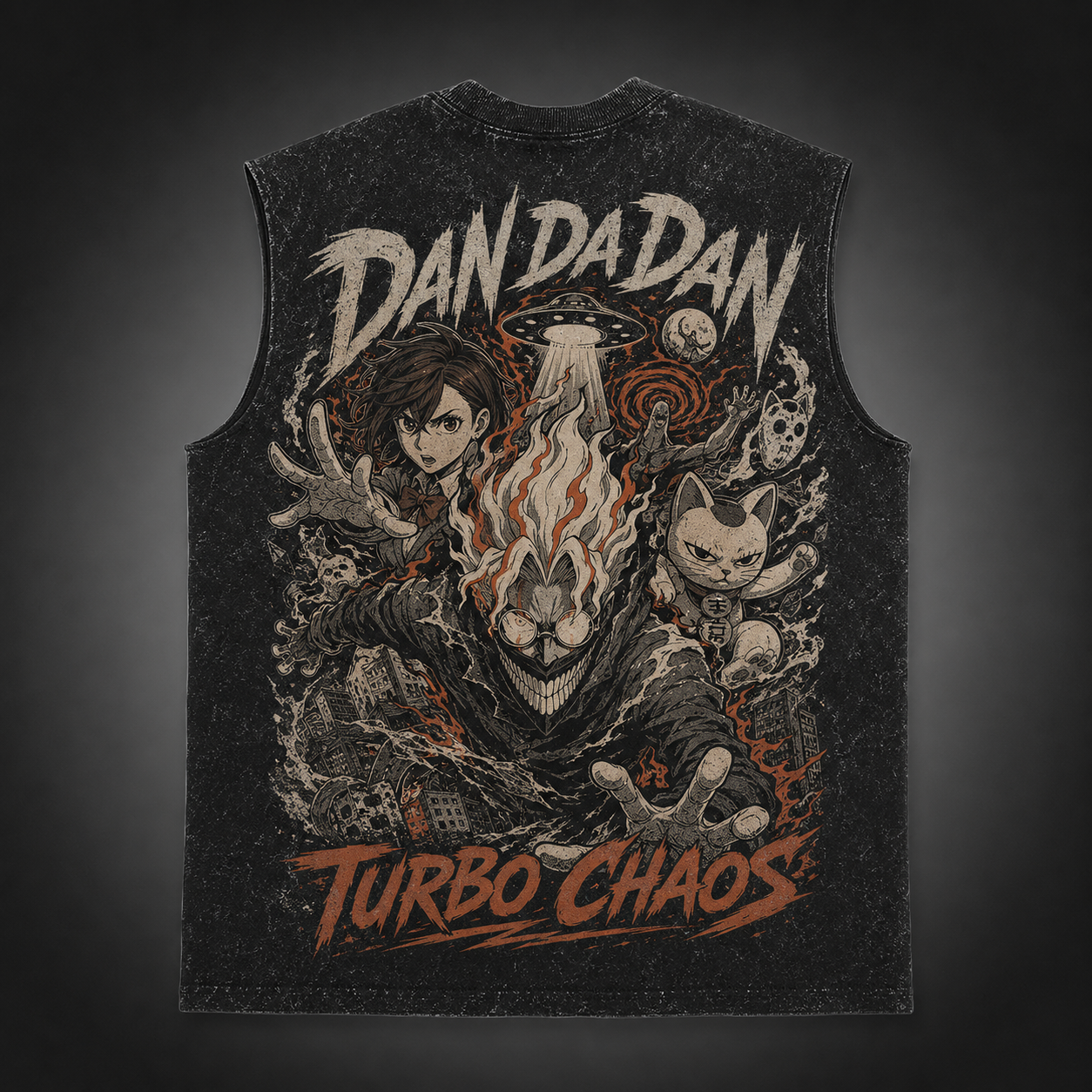Washed black tank top with Momo Ayase & Turbo Granny Dandadan Turbo Chaos graphic – photo 1