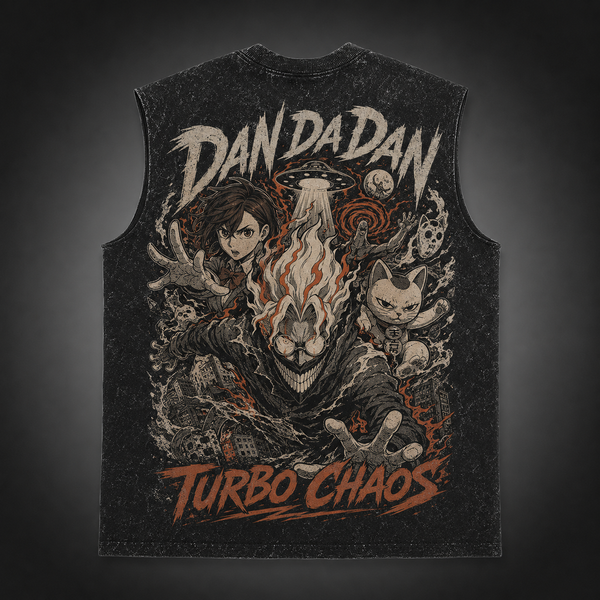 Washed black tank top with Momo Ayase & Turbo Granny Dandadan Turbo Chaos graphic – photo 1
