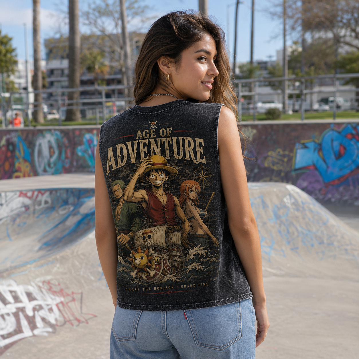 Washed black tank top with Monkey D. Luffy One Piece Age Of Adventure graphic – photo 3