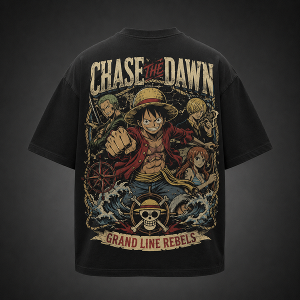 Black t-shirt with Monkey D. Luffy One Piece Chase The Dawn graphic – photo 1