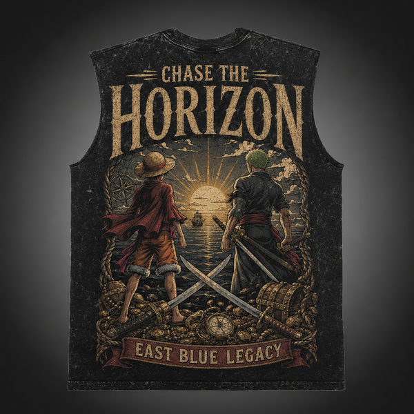 Washed black tank top with Monkey D. Luffy One Piece Chase The Horizon graphic – photo 1