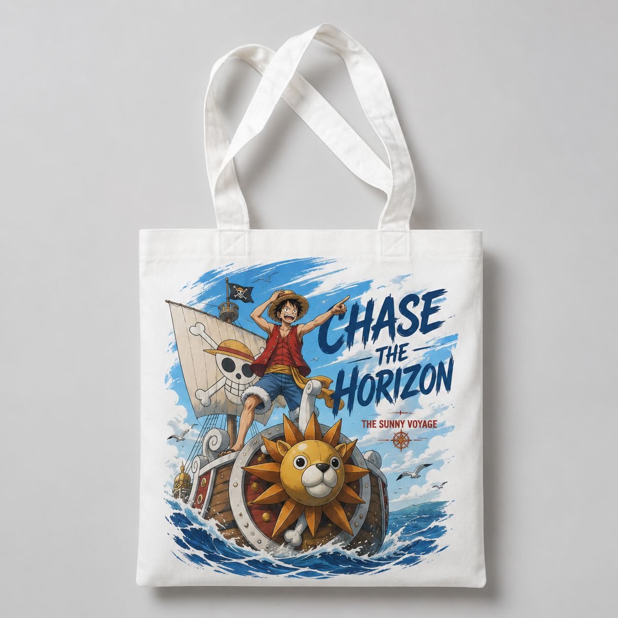 White tote bag with Monkey D. Luffy One Piece Chase The Horizon graphic – photo 1