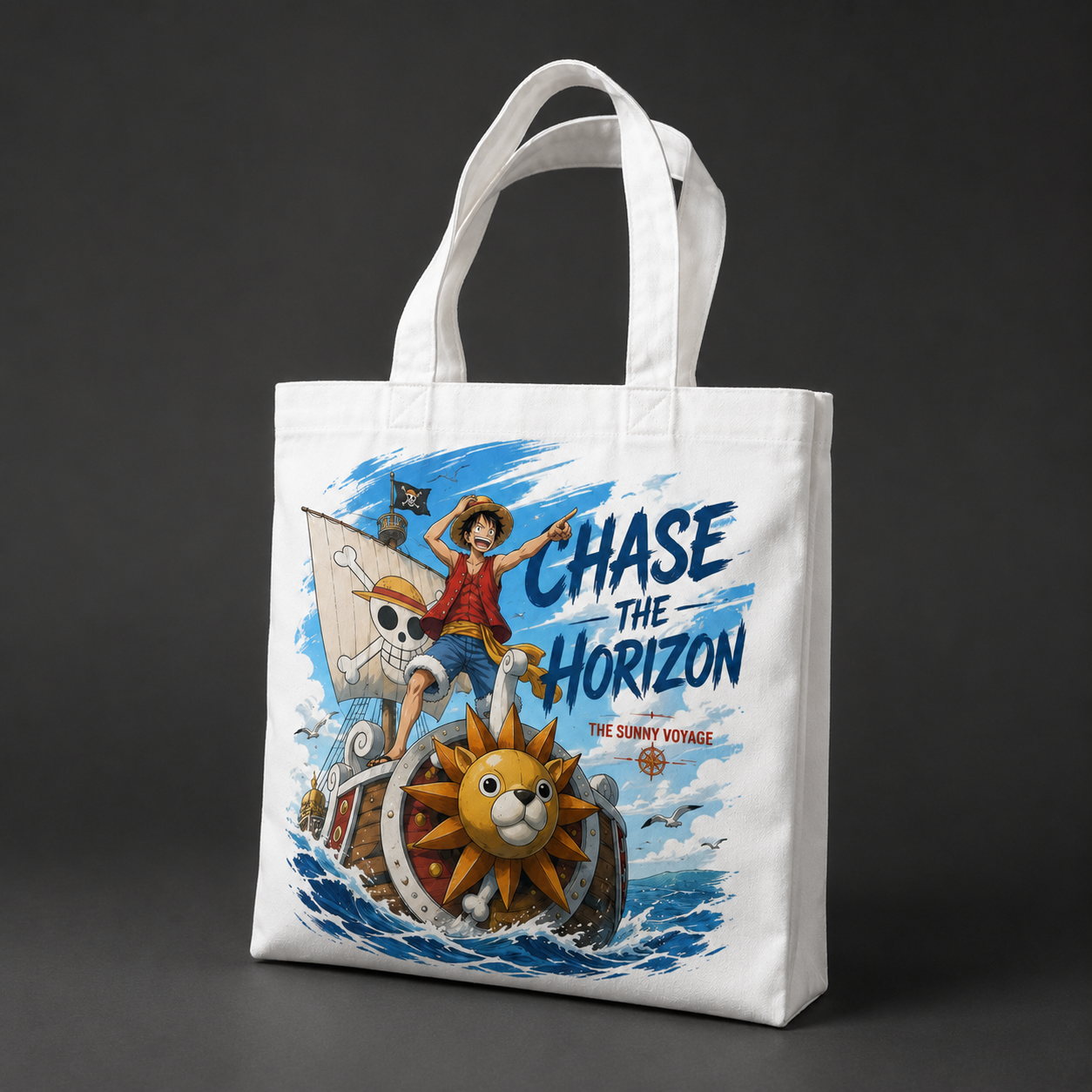 White tote bag with Monkey D. Luffy One Piece Chase The Horizon graphic – photo 2