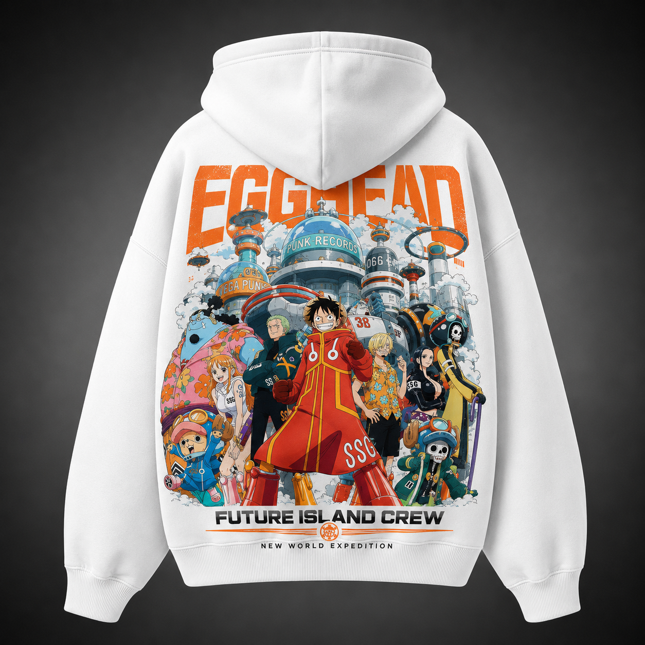 White hoodie with Monkey D. Luffy One Piece Egghead Future Crew graphic – photo 1