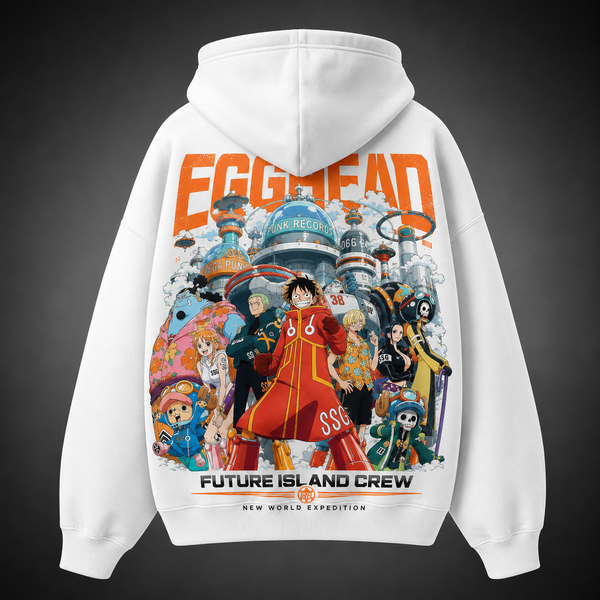 White hoodie with Monkey D. Luffy One Piece Egghead Future Crew graphic – photo 1