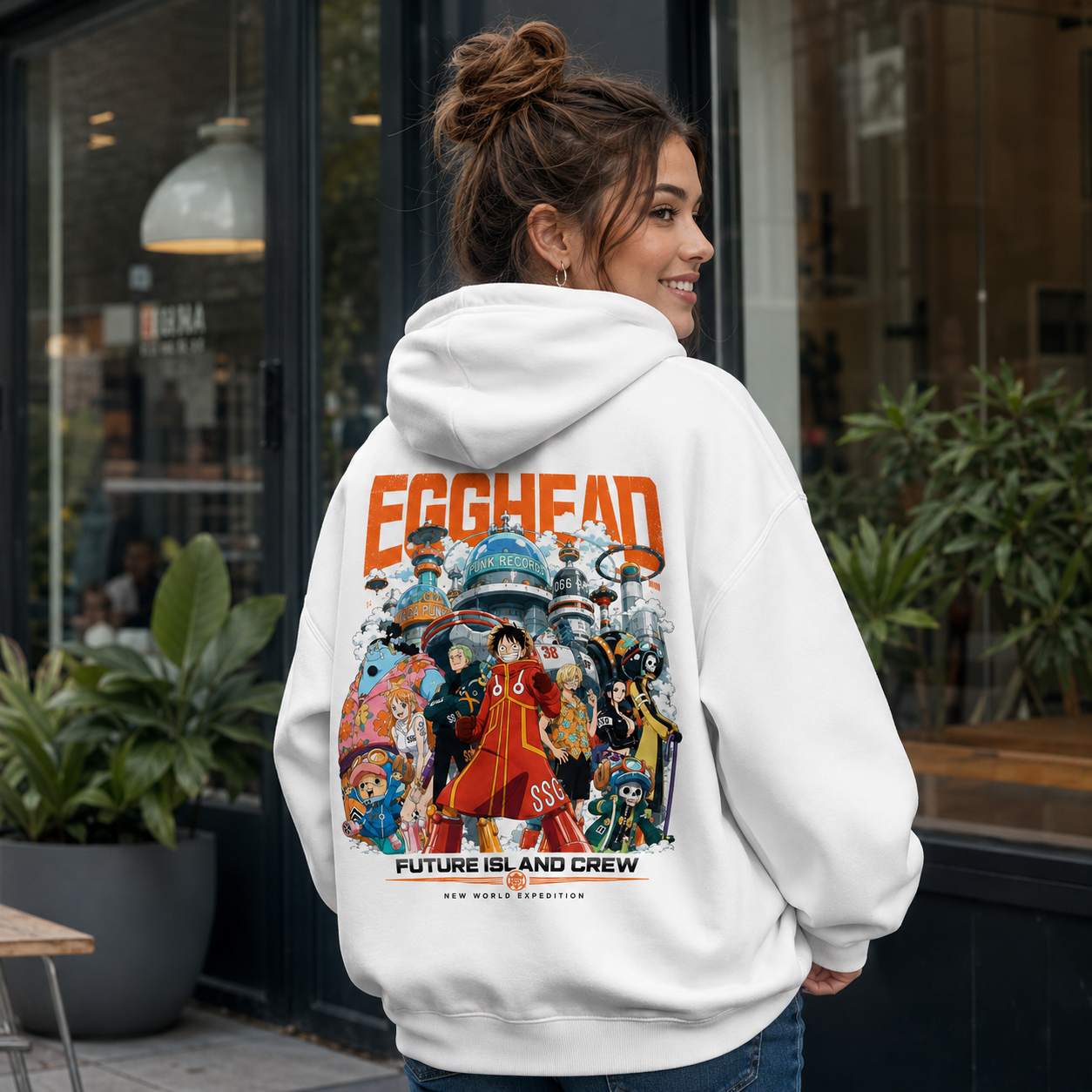 White hoodie with Monkey D. Luffy One Piece Egghead Future Crew graphic – photo 3