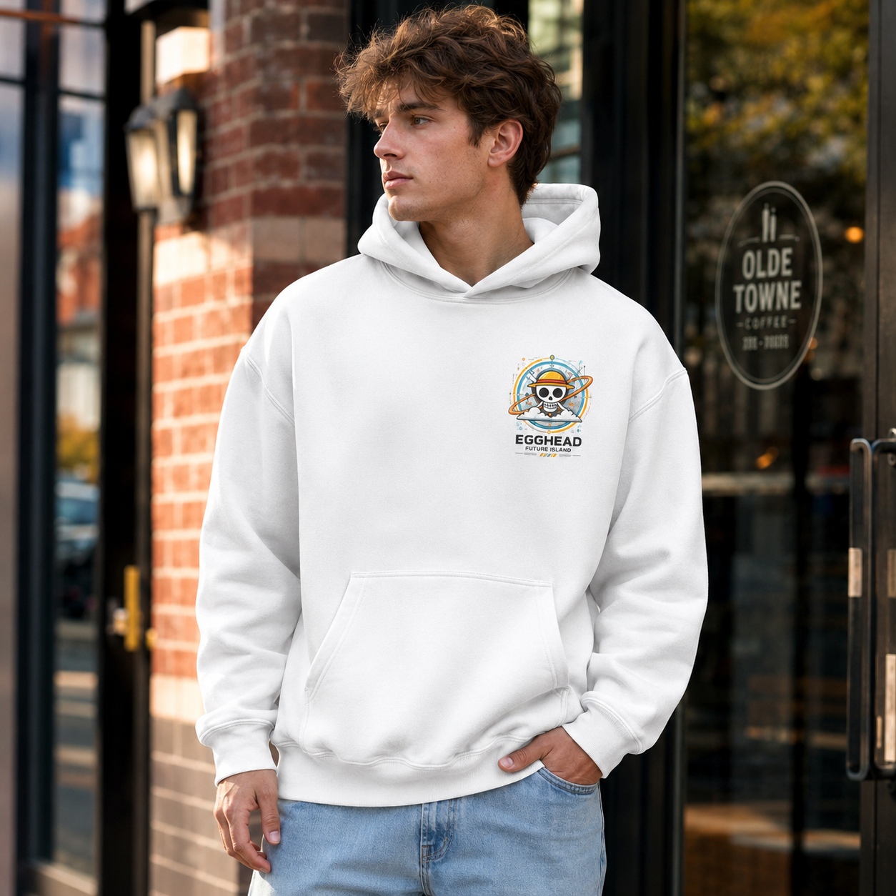 White hoodie with Monkey D. Luffy One Piece Egghead Future Crew graphic – photo 4
