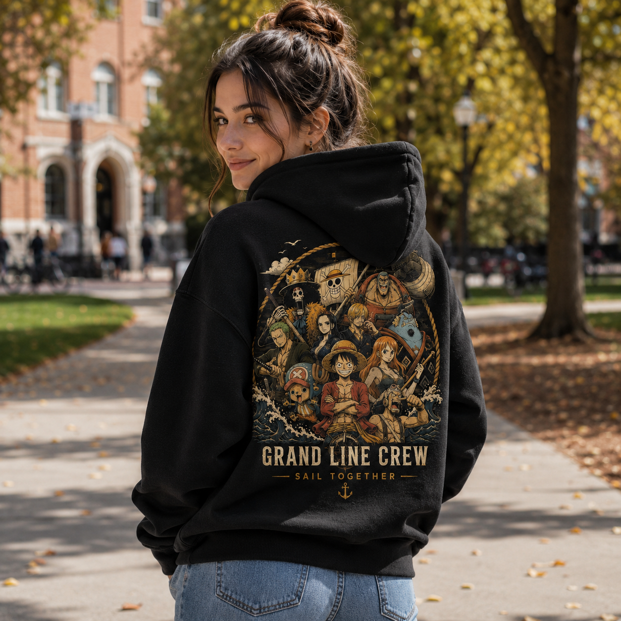 Black hoodie with Monkey D. Luffy One Piece Grand Line Crew graphic – photo 3
