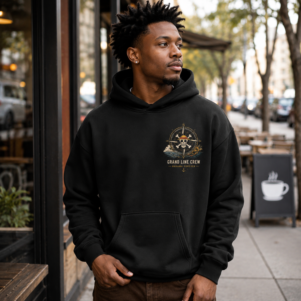 Black hoodie with Monkey D. Luffy One Piece Grand Line Crew graphic – photo 4