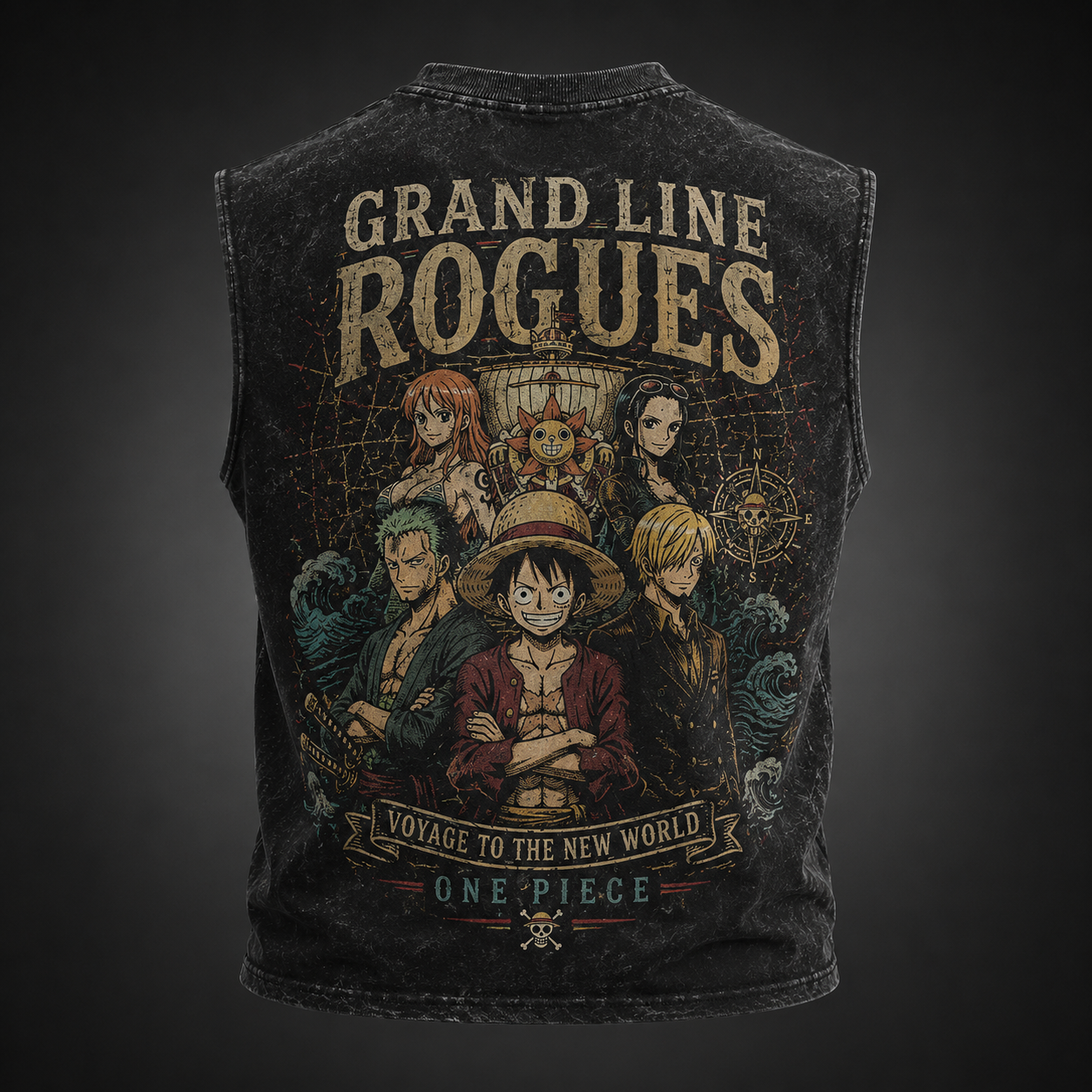Washed black tank top with Monkey D. Luffy One Piece Grand Line Rogues graphic – photo 1
