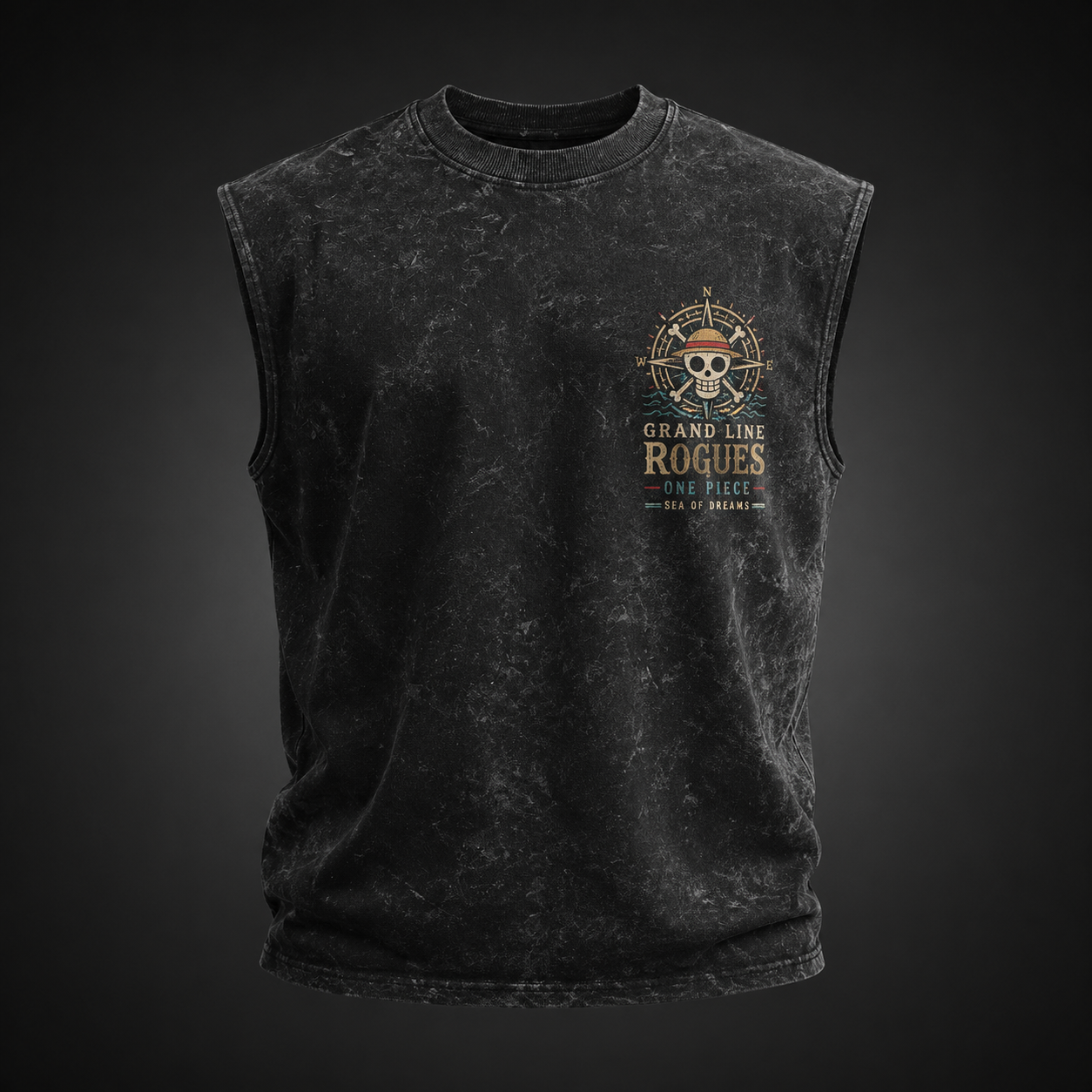 Washed black tank top with Monkey D. Luffy One Piece Grand Line Rogues graphic – photo 2