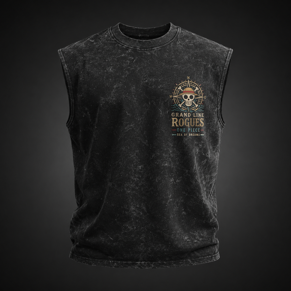 Washed black tank top with Monkey D. Luffy One Piece Grand Line Rogues graphic – photo 2