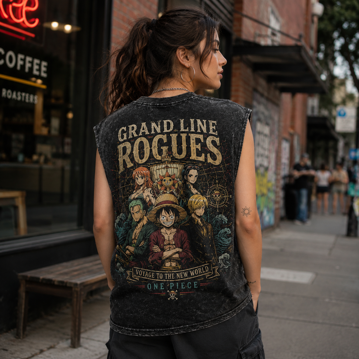 Washed black tank top with Monkey D. Luffy One Piece Grand Line Rogues graphic – photo 3