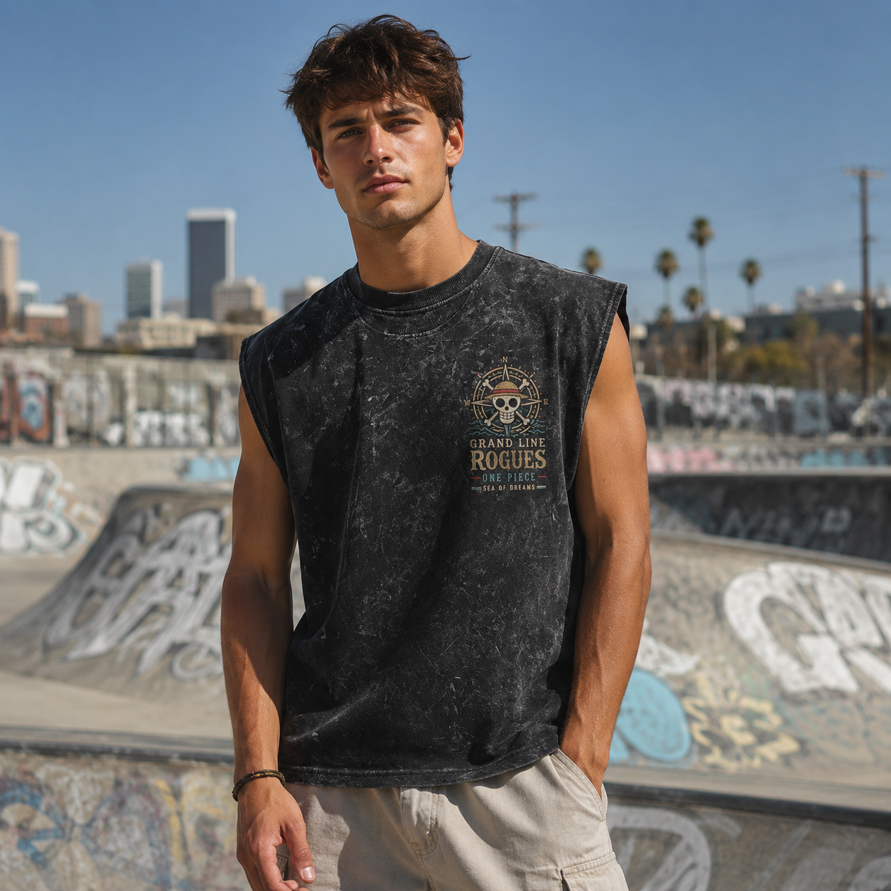 Washed black tank top with Monkey D. Luffy One Piece Grand Line Rogues graphic – photo 4