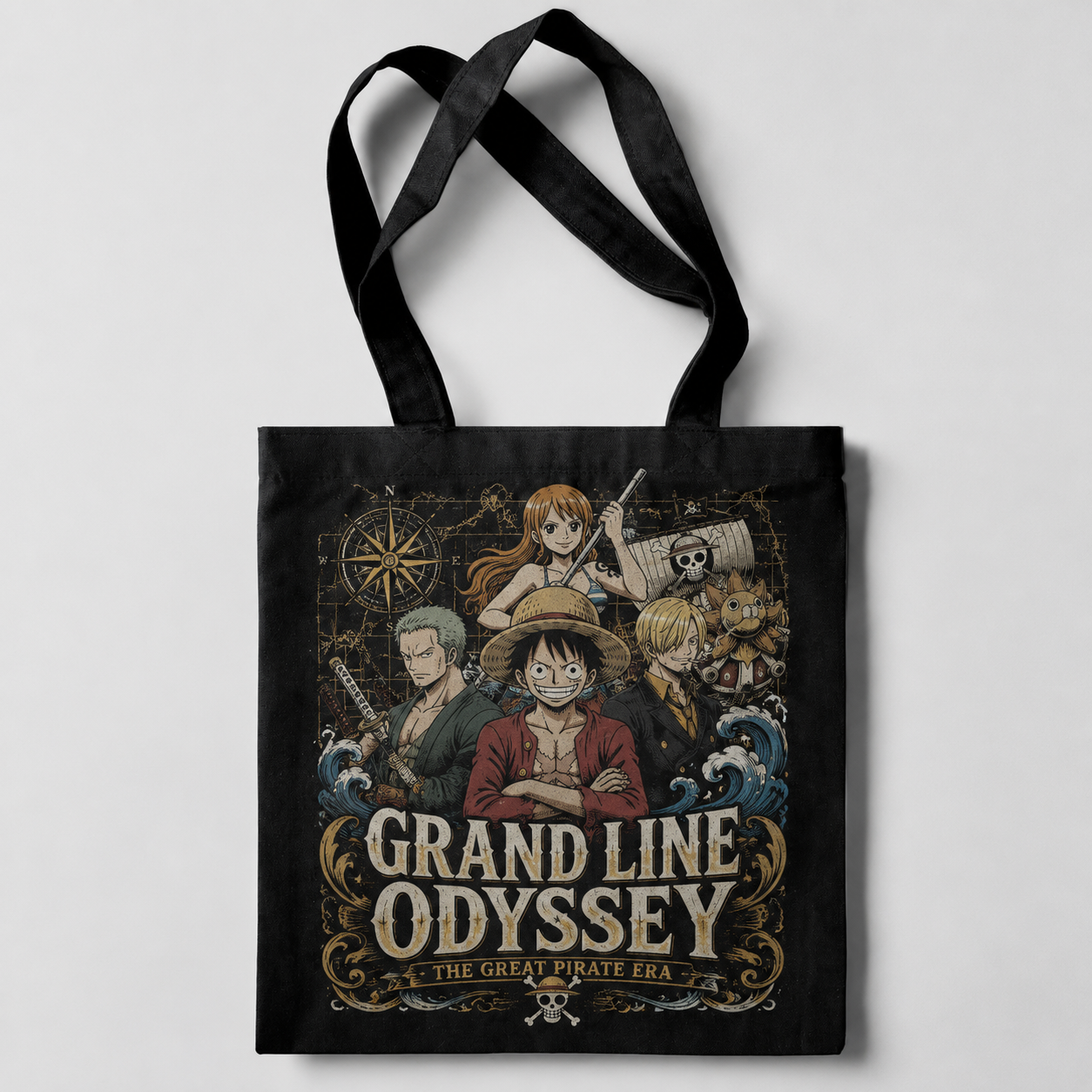 Black tote bag with Monkey D. Luffy One Piece Great Pirate Era graphic – photo 1