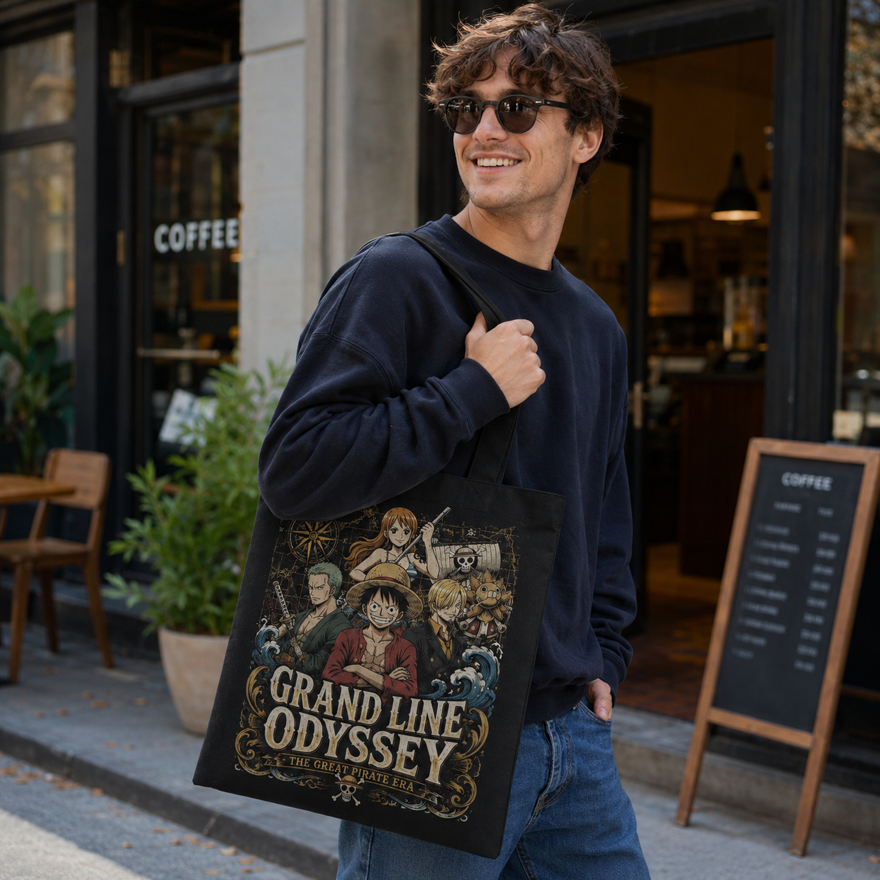 Black tote bag with Monkey D. Luffy One Piece Great Pirate Era graphic – photo 4