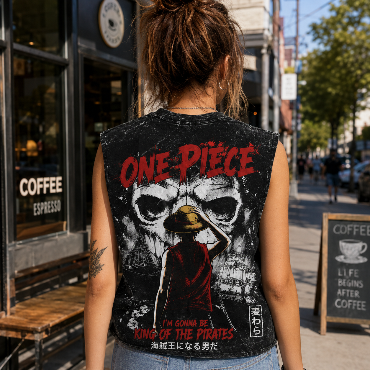 Washed black tank top with Monkey D. Luffy One Piece King Of Pirates graphic – photo 3